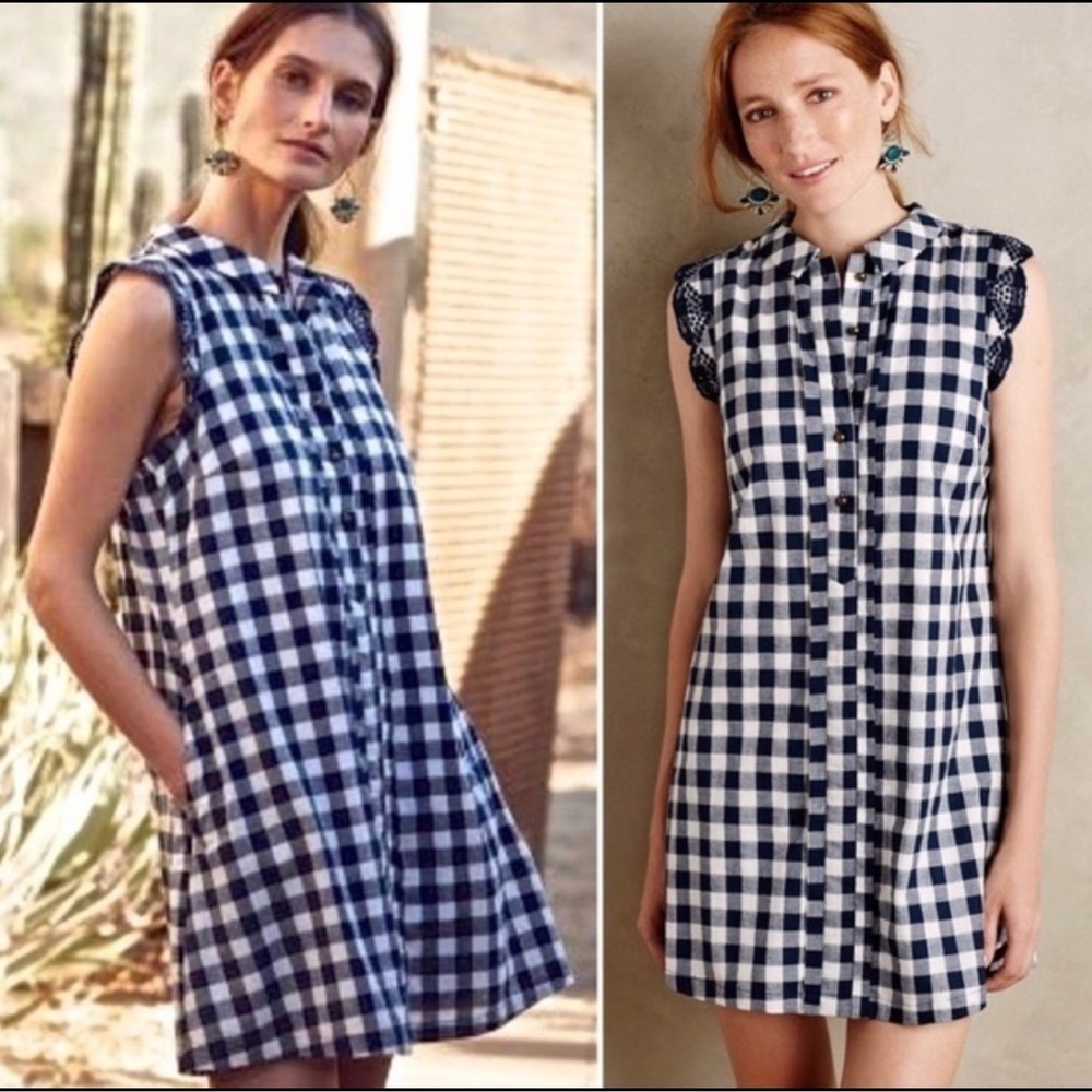Anthropologie Dear Creatures Blue Gingham Button Down Ruffle Sleeve Dress  XS